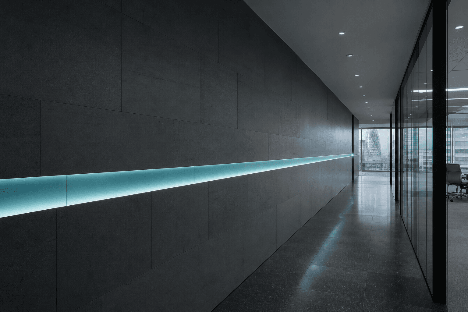 Quiet architectural corridor with a single teal light lane